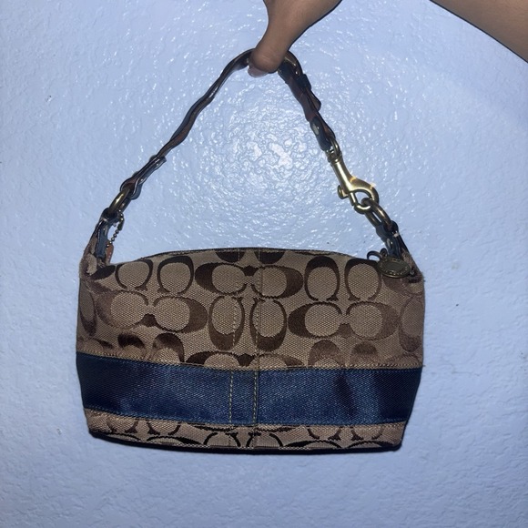 Coach VTG Signature Brown Canvas Blue Stripe Y2K Mini Shoulder Bag Purse - Picture 1 of 6